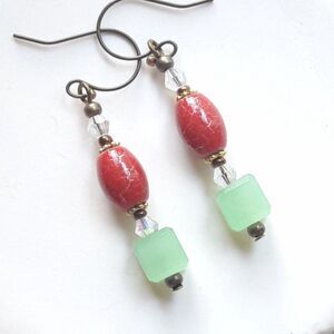 Green Glass Antique.Bronze Hooks Hidden Meaning earrings Fairygoth , Cabba  465■